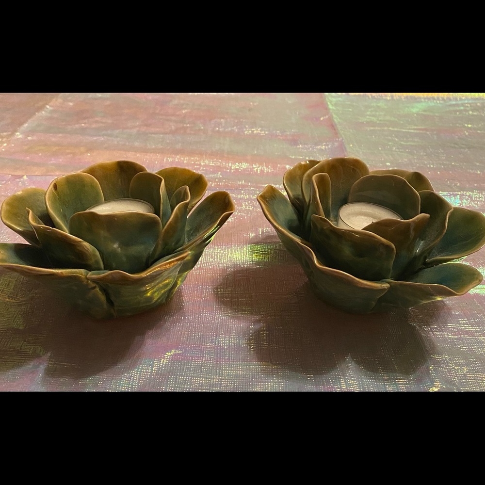 2 votive ceramic light green candle holders!